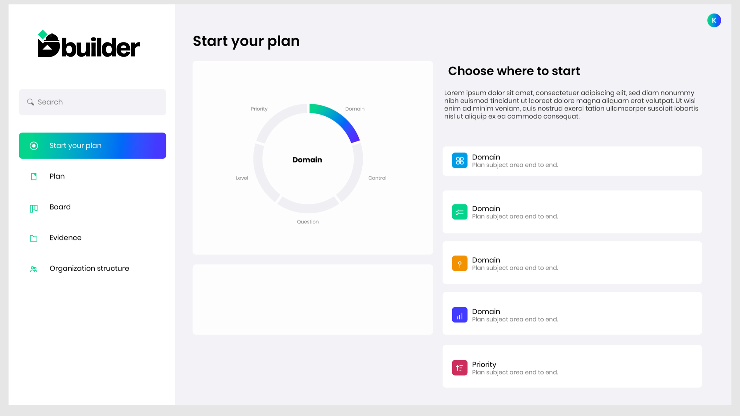 Dbuilder's start screen: choosing whether to plan from a domain, control, question, level or priority.