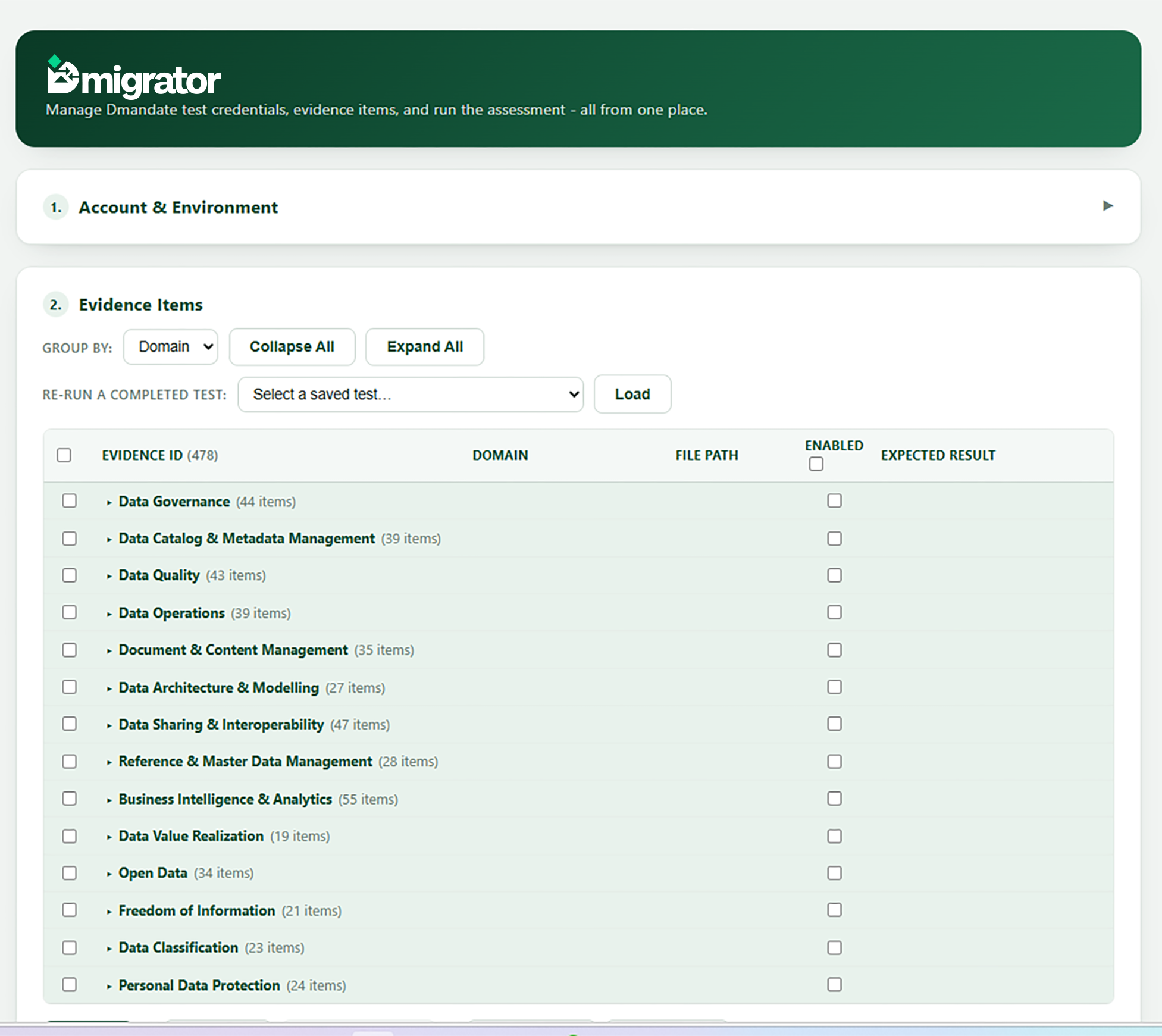 Dmigrator's evidence screen: NDMO domains listed with their evidence-item counts, ready to enable and run.